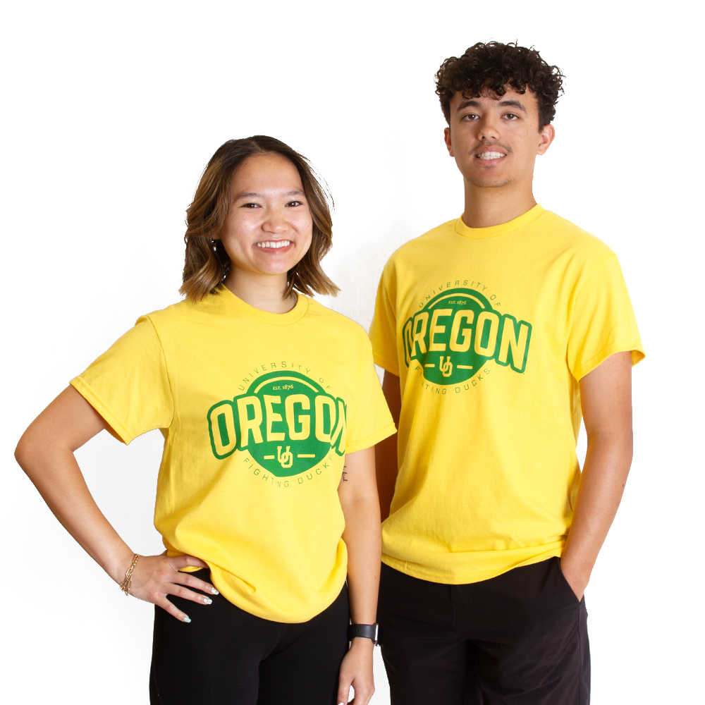 Yellow Sew On Basic Cotton 24 w Green Univ of Oregon & Interlock UO & Fighting Ducks Tee